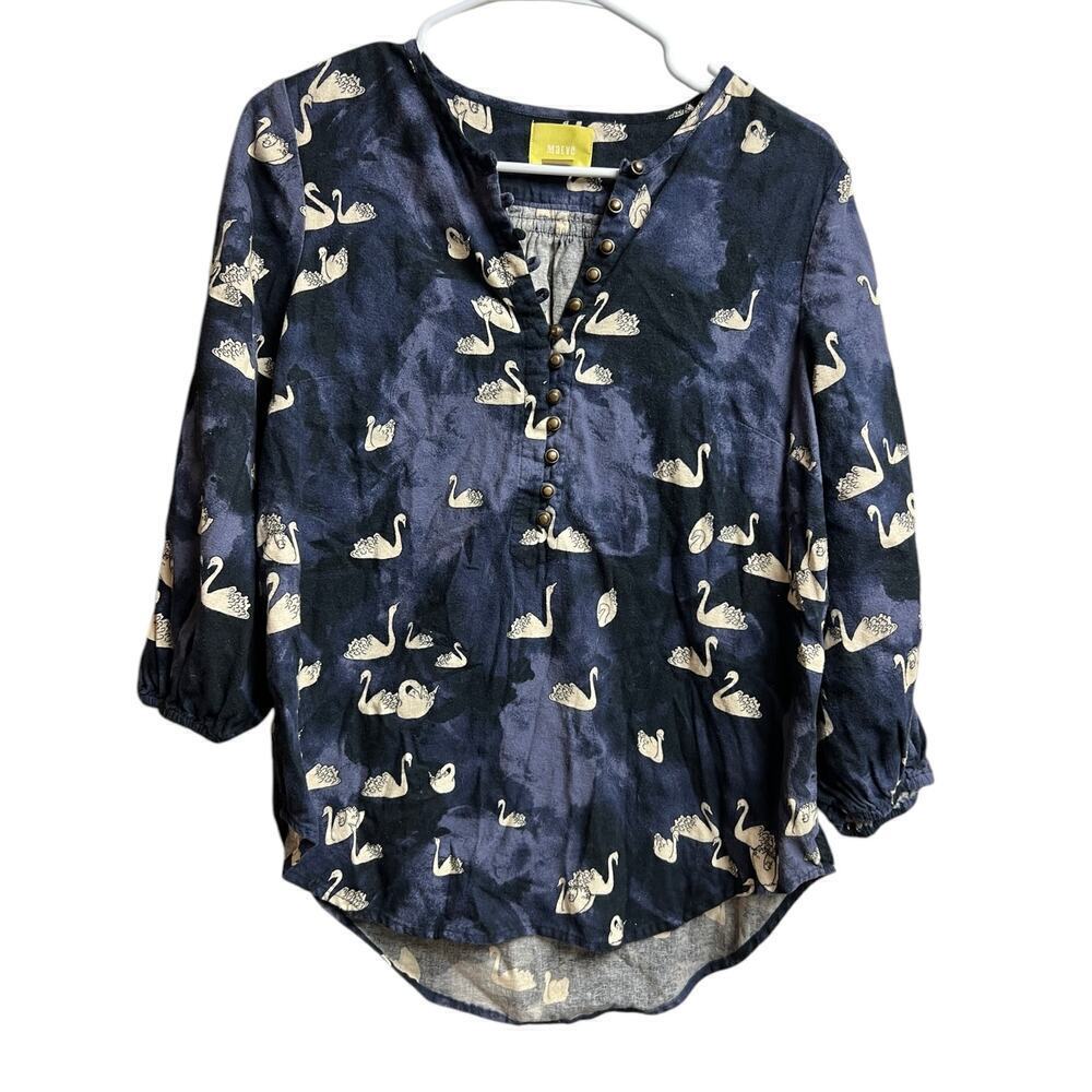 Anthropologie Maeve Bethesda Flannel Top Swan Print Blue Small